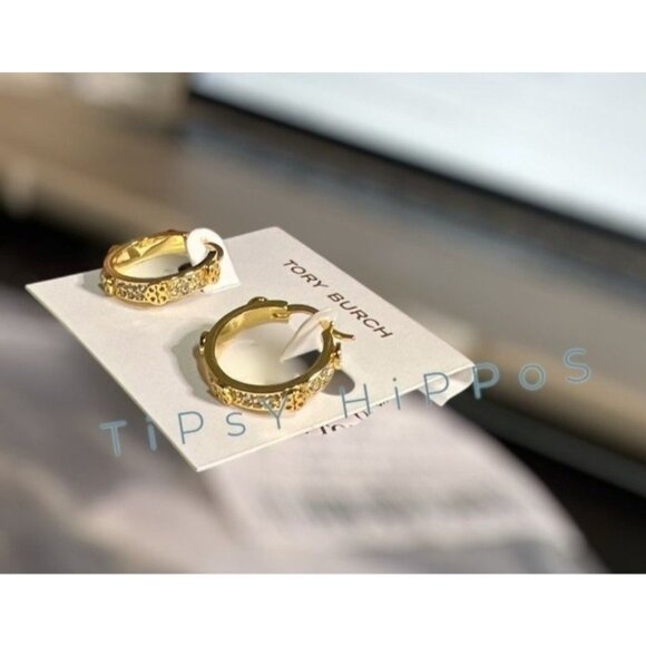 ✺ Gold-Tone Tory Burch Miller Gold and Crystal Logo Huggie/Hoops ✺✺ - Picture 4 of 5